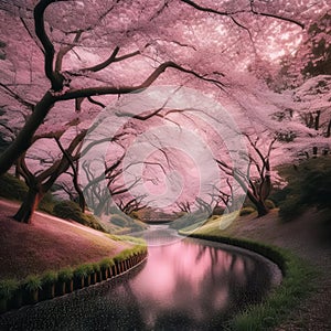 A serene cherry blossom park in full bloom