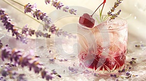 A serene cherry cocktail amidst blooming lavender, captured in a light-drenched, dreamy pastel ambiance