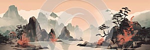 Serene Chinese Mountain and Lake Landscape Banner, generative AI