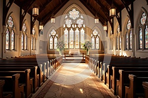 Serene church interior with stained glass windows