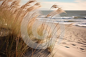 Serene coastal dunescape with golden grass photo