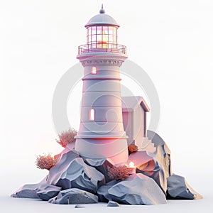 Serene Coastal Lighthouse Illuminated at Twilight, Surrounded by Rocky Landscape
