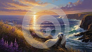 Serene Sunset Seal by the Ocean Cliffs