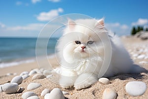 Serene coastal view with cute furry kitten lounging on sandy beach amid ocean waves