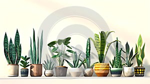 Serene Collection of Potted Indoor Plants on a Shelf. A Variety of Houseplants in Stylish Planters for Home Decor photo