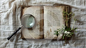 A serene composition with an open vintage book on botany, a magnifying glass, and delicate flowers on a soft linen