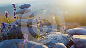 A serene composition of smooth river stones stacked in a Zen-like formation, surrounded by delicate lavender flowers, illuminated