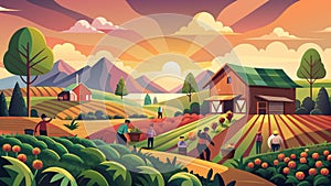 Serene Countryside Farm Landscape at Sunset with Workers