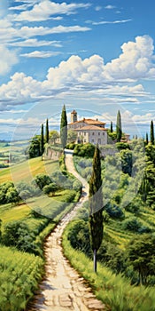Serene Countryside Path: A Detailed Cinquecento Inspired Painting