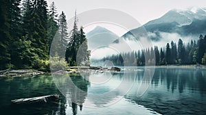 Serene Crescent Lake Surrounded By Trees And Fog