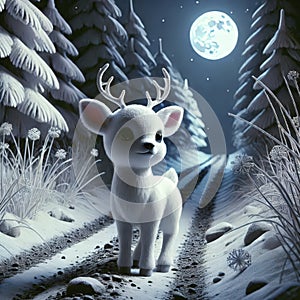 Little White Reindeer Stands by Winter Forest Path in a Dark Isolated Scene photo