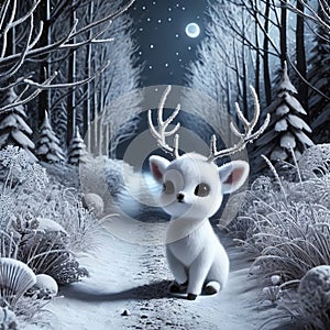 Little White Reindeer Stands by Winter Forest Path in a Dark Isolated Scene photo