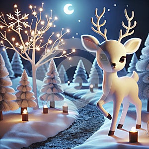 Little White Reindeer Stands by Winter Forest Path in a Dark Isolated Scene photo