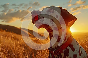 Serene Dalmatian Enjoying Sunset in Golden Grassland, Peaceful Dog in Nature Scene, Pet Relaxation Concept