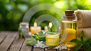 Serene day spa setting with candles, oils, and towels on wooden surface.