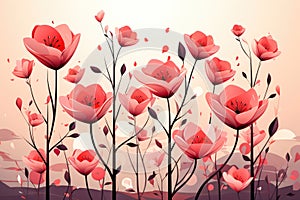 Serene Digital Illustration of Delicate Pink Poppies in a Tranquil Sunset Scene. Generative AI.