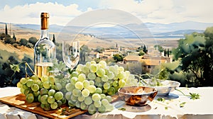 Serene digital painting of a picnic with wine and grapes overlooking a scenic landscape