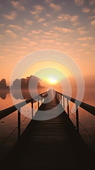A serene dock leading to a beautiful sunset over a calm lake
