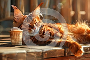 Serene Domestic Cat Relaxing Beside Ice Cream on a Sunny Day with Warm Light Filtering Through