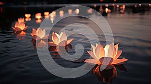 Serene dusk setting as floating lotus lanterns illuminate a peaceful pond, their light a symbol of hope and renewal