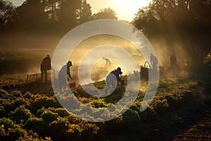 A serene, early morning vegetable harvest, capturing the dew-covered plants, the soft, golden light of sunrise, and the peaceful