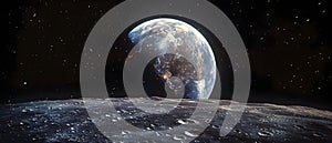 Serene Earthrise: A View from the Moon\'s Horizon. Concept Astronomy, Lunar Landscapes, Outer Space photo