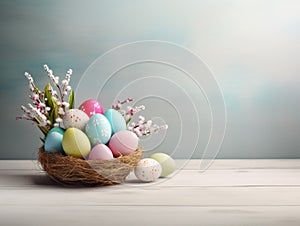 Serene Easter Basket with Eggs and Spring Blossoms