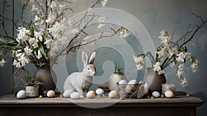 Serene Easter Display with Rabbit and Spring Florals. idyllic Easter arrangement with rabbit, surrounded by eggs and