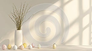 Serene Easter Still Life with Painted Eggs and Vase in Soft Light