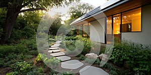 serene eco friendly home surrounded by lush greenery and sunlight