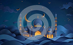 A serene Eid greeting card design featuring a mosque in a tranquil desert, bathed in moonlight, with a backdrop of a