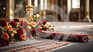Serene Elegance: Intricate Islamic Prayer Rug in Burgundy and Gold