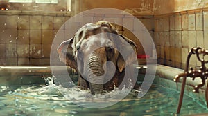 Serene elephant submerged in water, taking a bath in a vintage bathtub