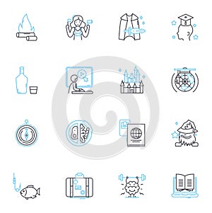 Serene escape linear icons set. Tranquility, Calmness, Peace, Relaxation, Meditation, Solitude, Harmony line vector and