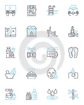 Serene escape linear icons set. Tranquility, Retreat, Peaceful, Calm, Stillness, Solitude, Relaxing line vector and