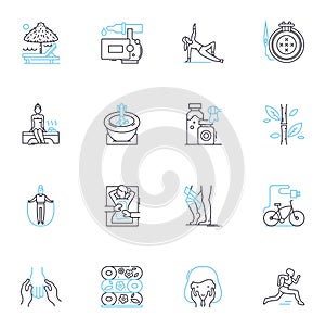 Serene escape linear icons set. Tranquility, Retreat, Peaceful, Calm, Stillness, Solitude, Relaxing line vector and