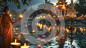 Serene evening at a Buddhist temple during Visakha Bucha Day, worshippers holding candles, soft glow illumination, in