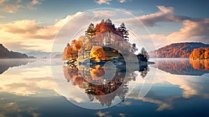 Serene Faces: A Colorful Fall Landscape On An Island In A Lake