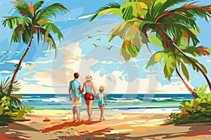 Serene family scene. printmaking style illustration of a summer day at the beach photo