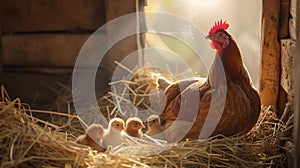 A hen with chicks nesting in straw, warm rustic barn scene. cozy rural life captured in golden hour light. farm animals