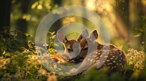 Serene Fawns Resting in Sunlit Forest Glade