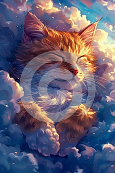 Serene Feline Slumber Amidst Fluffy Clouds Dreamy Cat Nap Illustration in Vibrant Colors