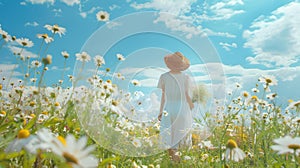 Serene field of flowers with a woman embracing nature. peaceful, sunny day outdoors. captured in a dreamy style. perfect
