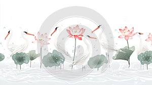 Serene flat illustration of albatrosses and lotuses in water photo