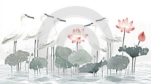 Serene flat illustration of albatrosses and lotuses in water photo