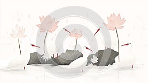 Serene flat illustration of albatrosses and lotuses in water photo