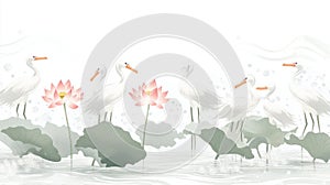Serene flat illustration of albatrosses and lotuses in water photo