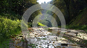 Serene Flow: Water Stream Meanders Through Lush Green Forest