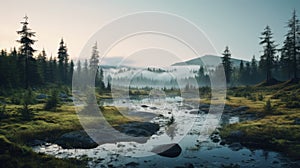 Serene Foggy Meadow With Stream And Trees - Uhd Image