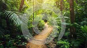 A serene footpath through a lush forest emphasizes carbon sequestration, boosting eco-preservation and rewilding photo